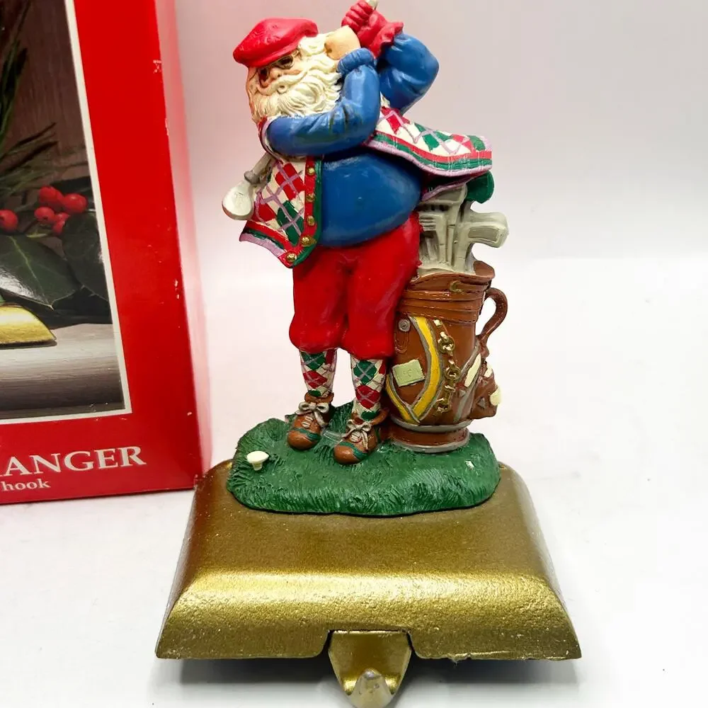 VTG HandPainted Potpourri Designs Golfing Santa Stocking Hanger w/Cast Iron Base